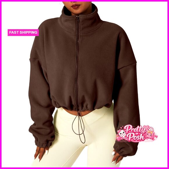 Full Zip Fleece Short Jacket Stand Collar Sherpa Crop Coat
